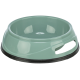 Gamelle en plastique verte pour animal avec base antidérapante noire et découpe de poignée latérale.
