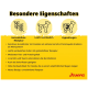 Gelbe Josera-Infografik 'Besondere Eigenschaften' zeigt: getreidefrei, gut verdaulich, hypoallergen, Josera-Logo.