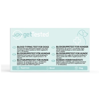 Hellblaue getTested-Beschriftung: Blutgruppenschnelltest für Hunde, Überschrift ‚Blutgruppentest für Hunde‘, DNA-Strang- und Hundesymbole