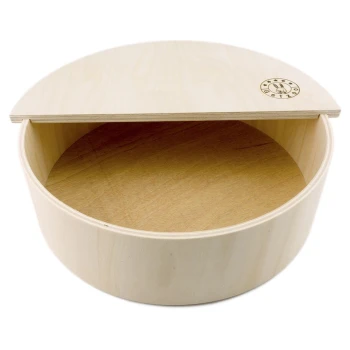 Sandbad (runder Deckel) S Ein Holzbehälter zur Aufbewahrung von Tierfutter mit einem runden Deckel, der ein Logo eines Kaninchens und den Text "getzoo" zeigt.