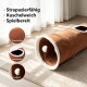 Brauner Plüsch-Katzentunnel mit spielenden Katzen; obere Schrift 'Spiel, Spaß & Abenteuer' und deutsche Produktbeschreibung.
