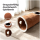 Brauner Plüsch-Katzentunnel mit spielenden Katzen; obere Schrift 'Spiel, Spaß & Abenteuer' und deutsche Produktbeschreibung.