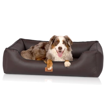 Ein glücklicher Australian Shepherd Hund, der in einem plüschigen, dunkelbraunen Haustierbett mit lederähnlicher Textur entspannt, mit einem kleinen Etikett, das "KNUFFELWUFF" liest.