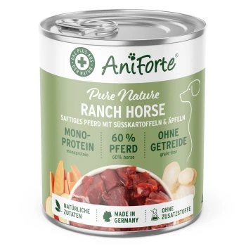 Dosen-Hundefutter mit der Bezeichnung "AniForte Pure Nature Ranch Horse", das 60% Pferdefleisch, Süßkartoffeln und Äpfel enthält; getreidefrei, hergestellt in Deutschland.