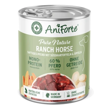 Dosen-Hundefutter mit der Bezeichnung "AniForte Pure Nature Ranch Horse", das 60% Pferdefleisch, Süßkartoffeln und Äpfel enthält; getreidefrei, hergestellt in Deutschland.