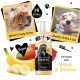 Mango & Bananen-Hundeshampoo-Flasche mit Bildern von gewaschenen Hunden, die Vorteile hervorhebt: hydratisiert, nährt, pH-ausgeglichen, vegan.