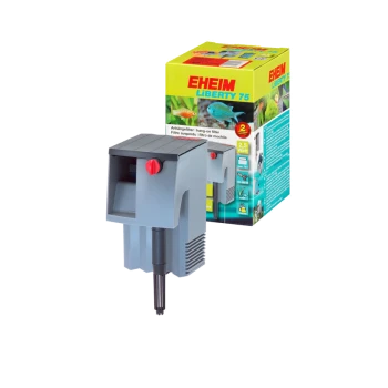 Filtr akwariowy EHEIM Liberty 75 do zawieszenia w szarym kolorze z czerwoną pokrętłem, wyeksponowany obok kolorowego opakowania z obrazkami ryb i specyfikacjami.