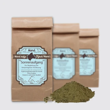 Braune Papiertüte mit der Aufschrift "Sonnenaufgang" und blauen Akzenten, die ein Kräuterergänzungsmittel für Hunde enthält, das die Leber- und Verdauungsunterstützung fördert.