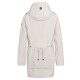 Eine hellbeige Haustierjacke mit Kapuze, Kordelzug in der Taille und einer großen Rückentasche, von hinten präsentiert.