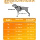 Infografik, die einen Hund mit Messpunkten für Hals- und Brustumfang zeigt, zusammen mit einer Größentabelle auf Deutsch.