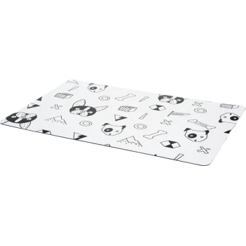 Mata do karmienia dla zwierząt z zabawnym czarno-białym wzorem z rysunkami psów, kości i geometrycznymi kształtami.