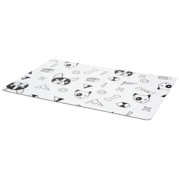 Eine Futtermatte für Haustiere mit einem verspielten schwarz-weißen Design mit Cartoon-Hundegesichtern, Knochen und geometrischen Formen.