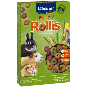 Vitakraft Party Rollis Haustierfutterverpackung mit bunten Nagetiersnacks, mit einem Kaninchen und einem Hamster. Etiketten sagen "Niedriger Calciumgehalt" und "Kein Zucker hinzugefügt."
