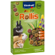 Vitakraft Party Rollis pet food packaging with colorful rodent snacks, featuring a rabbit and hamster. Labels say "Low Calcium" and "No Sugar Added."