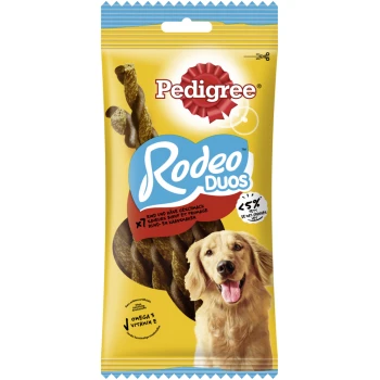 Pedigree Rodeo Duos Hundesnacks mit Rind- und Käsegeschmack, unter 5 % Fett, Omega 3 und Vitamin E, gelbe Verpackung.