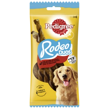 Przysmaki dla psów Pedigree Rodeo Duos o smaku wołowiny i sera, poniżej 5% tłuszczu, z Omega 3 i witaminą E, w żółtym opakowaniu.