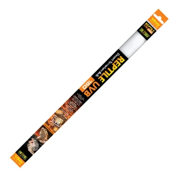 Verpackung für Reptilien-UVB-Lampe, mit einer 15W-Glühbirne, Bildern von Reptilien und Text, der die Vorteile für Reptilienhabitate hervorhebt.