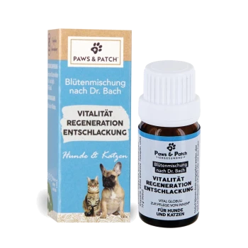 Flasche und Schachtel von Paws & Patch mit der Aufschrift 'Blütenmischung nach Dr. Bach' und 'Vitalität Regeneration Entschlackung' Hunde & Katzen.