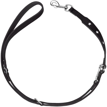 Schwarze Hundeleine mit einem Sternen-Design, mit einem stabilen Metallclip zur Befestigung und einem bequemen Griff.