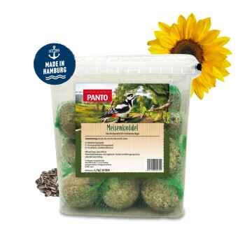Packung mit sechs grünen Vogelfutterbällen mit der Aufschrift "Meisenknödel" zur Fütterung von Wildvögeln, mit einem Specht auf der Verpackung.
