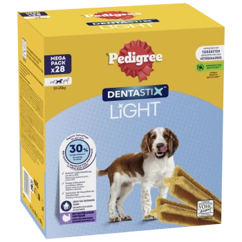 Pedigree Dentastix Light Hundesnacks Megapack für Hunde von 10-25 kg, 28 Sticks, mit natürlichem Truthahn, 30 % weniger Kalorien.