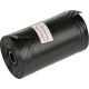A roll of black pet waste bags with a white label featuring an upward arrow, indicating the direction to unroll.
