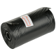 A roll of black pet waste bags with a white label featuring an upward arrow, indicating the direction to unroll.