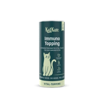 Grüne KatKare-Dose mit der Aufschrift 'Immuno Topping', Katzenergänzungsprodukt mit Katzenillustration und dem Text 'Vital-Topping'.