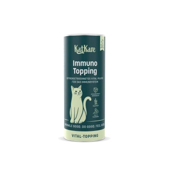 Grüne KatKare-Dose mit der Aufschrift 'Immuno Topping', Katzenergänzungsprodukt mit Katzenillustration und dem Text 'Vital-Topping'.
