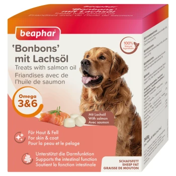 Haut- und Fellkur Bonbons 245g mit Lachsöl Beaphar 'Bonbons' mit Lachöl Hundeleckerlis Verpackung mit einem Golden Retriever, Lachs und weißen Leckerlis, die die Vorteile von Omega 3 & 6 hervorheben.