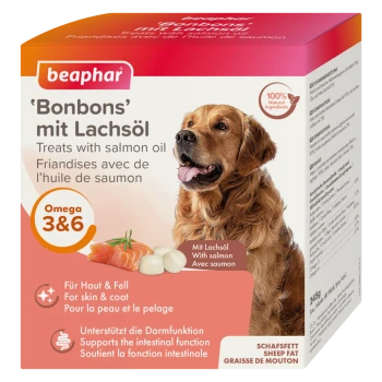 Emballage de friandises pour chiens Beaphar 'Bonbons' avec de l'huile de saumon mettant en vedette un golden retriever, du saumon et des friandises blanches, soulignant les bienfaits des Oméga 3 et 6.