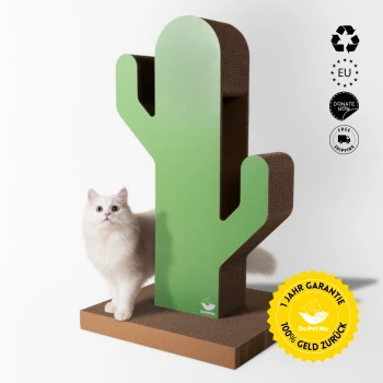Cactus Tower Eine flauschige weiße Katze steht neben einem kaktusförmigen Kratzbaum mit einem gelben "1 Jahr Garantie 100% Geld Zurück"-Abzeichen.