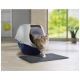 Eine dreifarbige Katze kommt aus einer blau-weißen Katzentoilette, steht auf einer grauen Matte in einem hellen, modernen Raum mit Sicht auf Grün draußen.