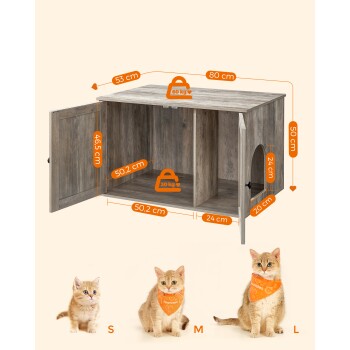 Holzhaustierhaus (80x53x50 cm, max. 60 kg) mit drei Katzen in orangefarbenen Bandanas, beschriftet mit S, M, L.