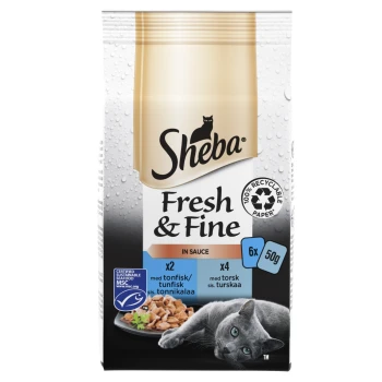 Sheba Fresh & Fine Katzenfutterverpackung mit einer grauen Katze, mit Text, der 6 Portionen à 50g angibt, darunter 2 Thunfisch- und 4 Dorschportionen.