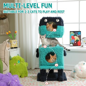 Mehrstufiger türkis-schwarzer Kratzbaum mit drei spielenden und ruhenden Katzen, Text „Mehrstufiger Spaß geeignet für 2-3 Katzen“.
