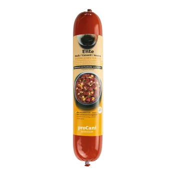 Hundefutterrolle mit der Bezeichnung "Ente" (Ente) mit einer Schüssel Fleisch und Gemüse. Der Text hebt natürliche Zutaten und keine künstlichen Zusatzstoffe hervor.