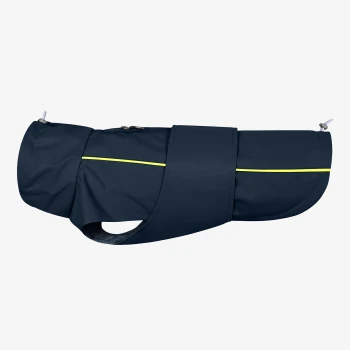 Marineblaue Hundejacke mit einem gelben reflektierenden Streifen, mit einer Reißverschlusstasche und einem weichen Innenfutter.