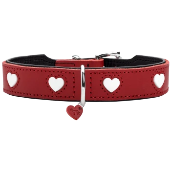 Rotes Hundehalsband mit weißen Herz-Ausschnitten und einem kleinen herzförmigen Anhänger, mit einer silbernen Schnalle und schwarzem Innenfutter.