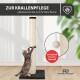 Eine verspielte getigerte Katze kratzt an einem beigen Pfosten mit schwarzem Sockel und hängendem Ball. Text: "Zur Krallenpflege, platzsparend, ideal für kleine Räume."