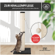 Eine verspielte getigerte Katze kratzt an einem beigen Pfosten mit schwarzem Sockel und hängendem Ball. Text: "Zur Krallenpflege, platzsparend, ideal für kleine Räume."