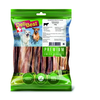 Deli Best Hundeleckerli-Verpackung mit Kalbsgeschlechtssnacks, 150g. Enthält den Text: "Glutenfrei," "100% natürlich," und "Premium Schweizer Qualität."