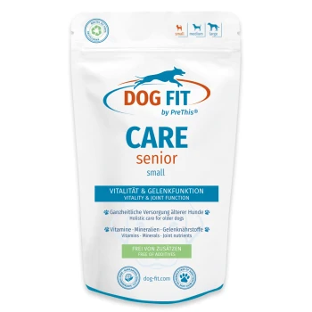 Weißer wiederverschließbarer Beutel mit Aufschrift 'DOG FIT CARE senior small' — Vitalität & Gelenkfunktion, frei von Zusatzstoffen, dog-fit.com