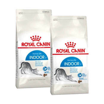 Deux sachets de nourriture pour chats Royal Canin Home Life Indoor 27, avec une illustration de chat gris, mettant l'accent sur la nutrition de santé féline et la réduction des selles.