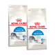 Zwei Beutel Royal Canin Home Life Indoor 27 Katzenfutter, mit einer grauen Katzenillustration, die die Ernährungsgesundheit von Katzen und die Stuhlreduzierung betont.