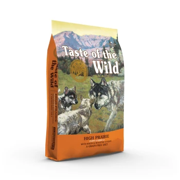 - High Prairie Puppy 5,6 kg Sac de nourriture pour chiens 'Taste of the Wild' avec un design de haute prairie, avec des loups et des montagnes, étiqueté comme 'High Prairie Puppy Formula.'
