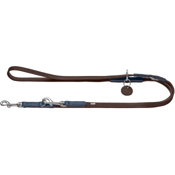 Braune Lederhundeleine mit blauen Akzenten und einem silbernen Verschluss, mit einem angehängten runden Tag.