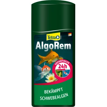 Tetra AlgoRem Teichbehandlung Flasche mit grünem Deckel, mit Goldfischen und dem Text: "24h-Soforthilfe gegen grünes Wasser" und "Bekämpft Schwebealgen."