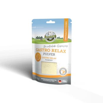 Eine Packung BELLFOR Gastro Relax Pulver, ein natürliches Nahrungsergänzungsmittel für Haustiere, mit einem hellblauen und weißen Design mit orangefarbenen Akzenten.