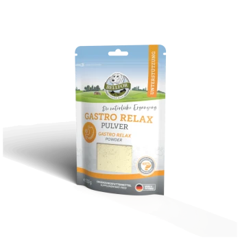 Eine Packung BELLFOR Gastro Relax Pulver, ein natürliches Nahrungsergänzungsmittel für Haustiere, mit einem hellblauen und weißen Design mit orangefarbenen Akzenten.